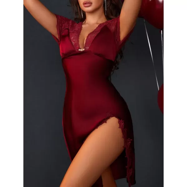 SweatyRocks Women's Satin Nightgown Tie Back Sleepwear Lace V Neck Chemise Side Slits Nightie Short Sleeve Sleepdress