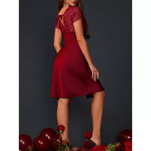 SweatyRocks Women's Satin Nightgown Tie Back Sleepwear Lace V Neck Chemise Side Slits Nightie Short Sleeve Sleepdress