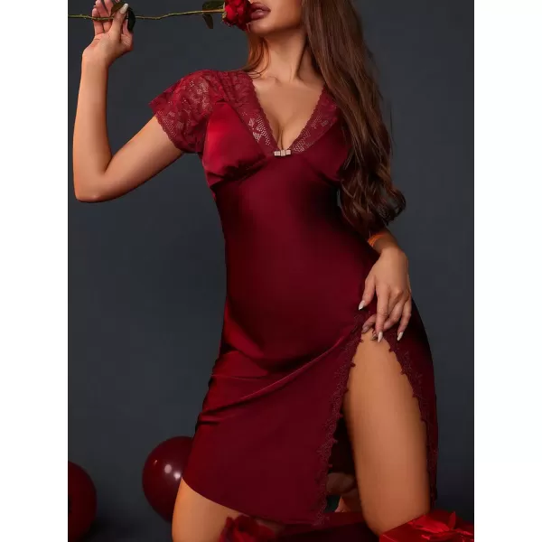 SweatyRocks Women's Satin Nightgown Tie Back Sleepwear Lace V Neck Chemise Side Slits Nightie Short Sleeve Sleepdress