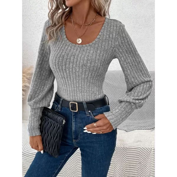 SweatyRocks Women's Scoop Neck Long Lantern Sleeve Bodysuit Ribbed Knit Jumpsuit