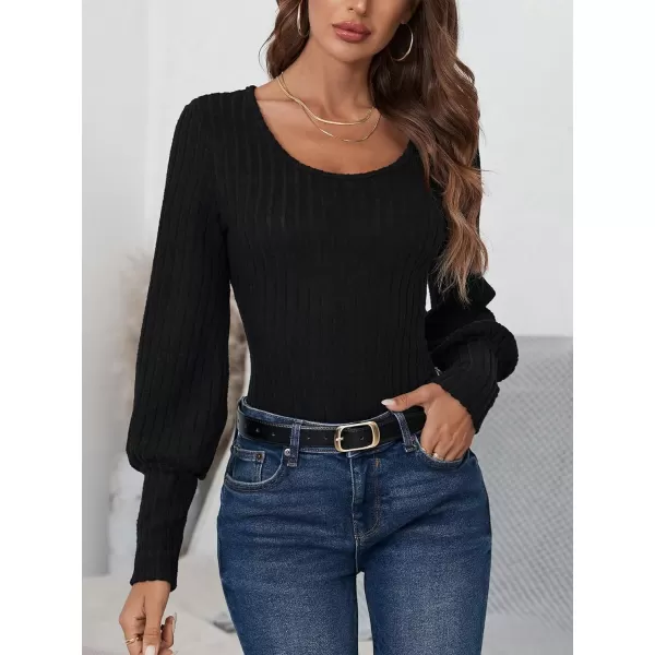 SweatyRocks Women's Scoop Neck Long Lantern Sleeve Bodysuit Ribbed Knit Jumpsuit