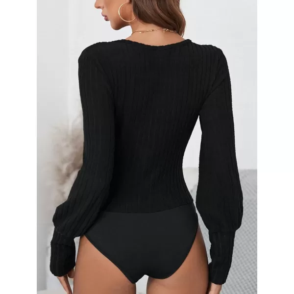 SweatyRocks Women's Scoop Neck Long Lantern Sleeve Bodysuit Ribbed Knit Jumpsuit