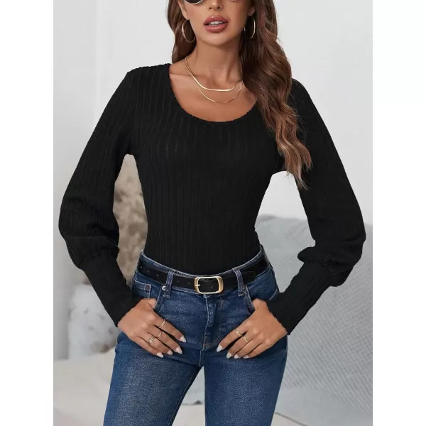 SweatyRocks Women's Scoop Neck Long Lantern Sleeve Bodysuit Ribbed Knit Jumpsuit