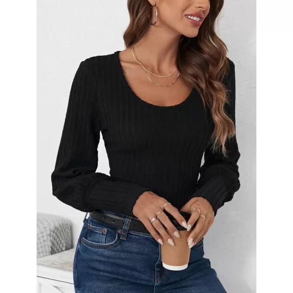 SweatyRocks Women's Scoop Neck Long Lantern Sleeve Bodysuit Ribbed Knit Jumpsuit