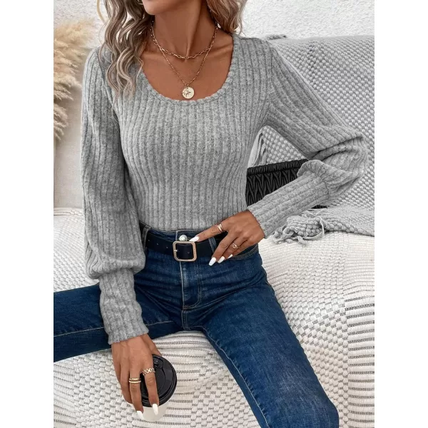 SweatyRocks Women's Scoop Neck Long Lantern Sleeve Bodysuit Ribbed Knit Jumpsuit