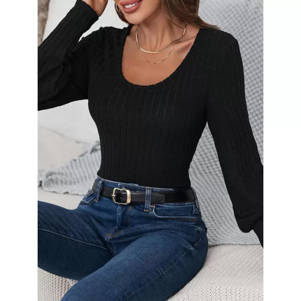 SweatyRocks Women's Scoop Neck Long Lantern Sleeve Bodysuit Ribbed Knit Jumpsuit