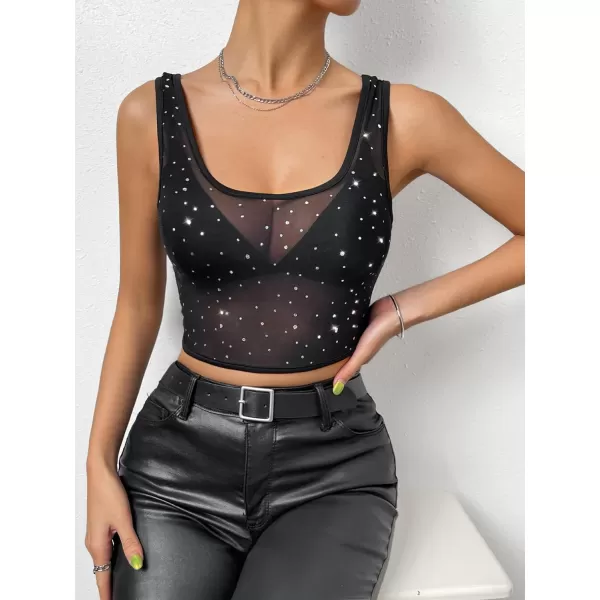 SweatyRocks Women's Scoop Neck Sheer Mesh Crop Tank Top Rhinestone Slim Fit Party Tops