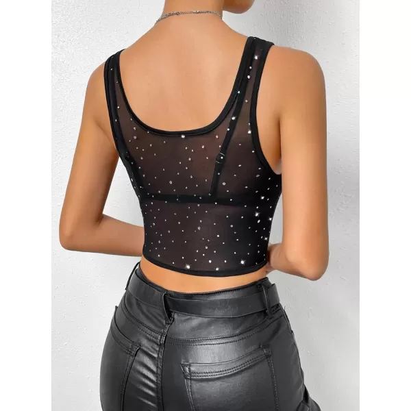 SweatyRocks Women's Scoop Neck Sheer Mesh Crop Tank Top Rhinestone Slim Fit Party Tops