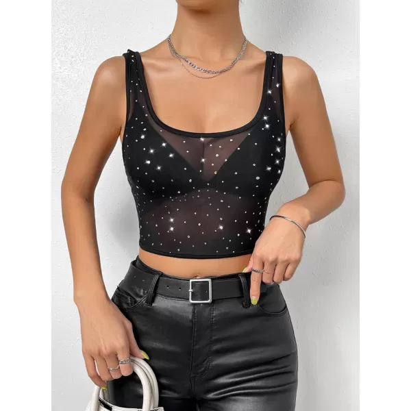 SweatyRocks Women's Scoop Neck Sheer Mesh Crop Tank Top Rhinestone Slim Fit Party Tops
