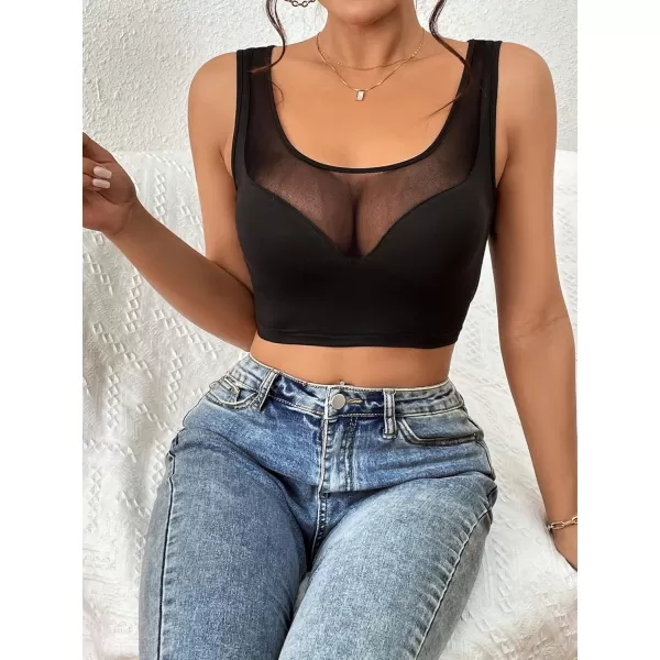 SweatyRocks Women's Scoop Neck Sheer Mesh Crop Tank Top Rhinestone Slim Fit Party Tops