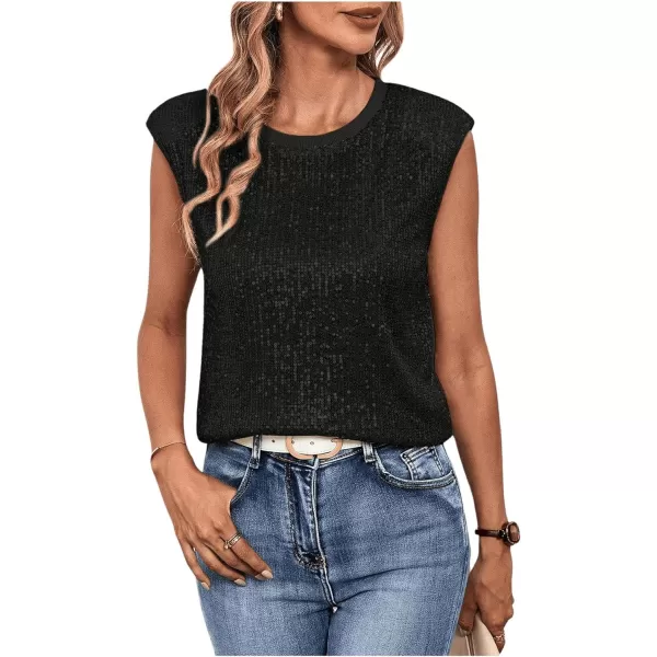 SweatyRocks Women's Sequin Cap Sleeve Round Neck Tank Top Sleeveless Loose Fit Blouse Shirt