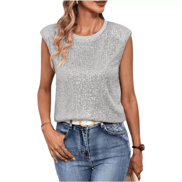 SweatyRocks Women's Sequin Cap Sleeve Round Neck Tank Top Sleeveless Loose Fit Blouse Shirt