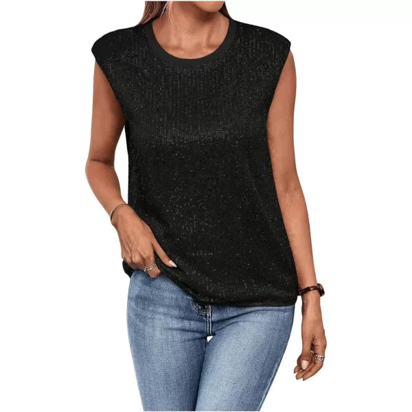 SweatyRocks Women's Sequin Cap Sleeve Round Neck Tank Top Sleeveless Loose Fit Blouse Shirt