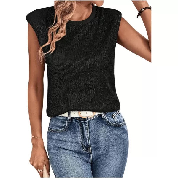 SweatyRocks Women's Sequin Cap Sleeve Round Neck Tank Top Sleeveless Loose Fit Blouse Shirt