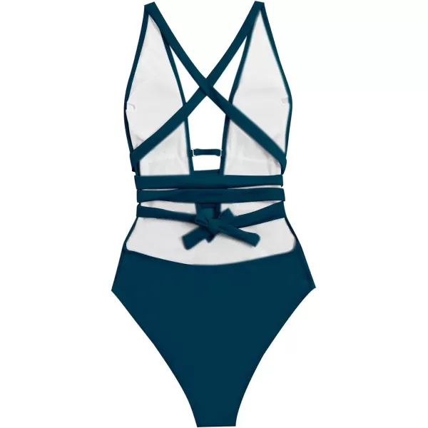 SweatyRocks Women's Sexy Basic Criss Cross Tie Knot Front Deep V Open Back One Piece Swimwear