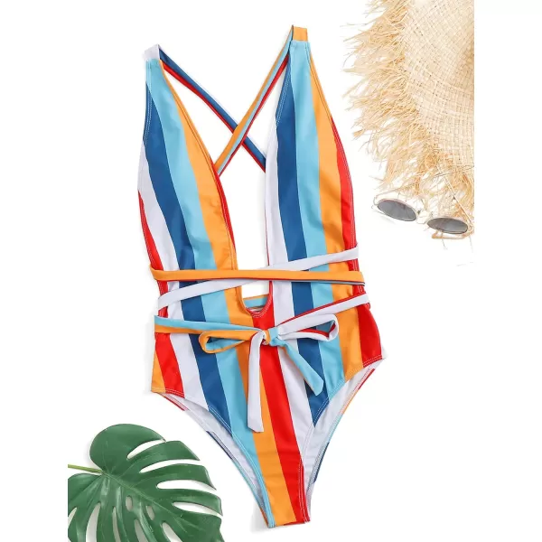 SweatyRocks Women's Sexy Basic Criss Cross Tie Knot Front Deep V Open Back One Piece Swimwear