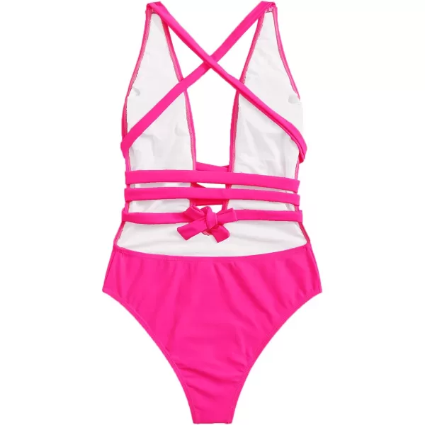 SweatyRocks Women's Sexy Basic Criss Cross Tie Knot Front Deep V Open Back One Piece Swimwear
