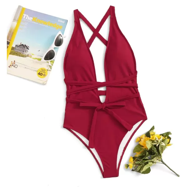 SweatyRocks Women's Sexy Basic Criss Cross Tie Knot Front Deep V Open Back One Piece Swimwear