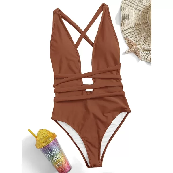 SweatyRocks Women's Sexy Basic Criss Cross Tie Knot Front Deep V Open Back One Piece Swimwear