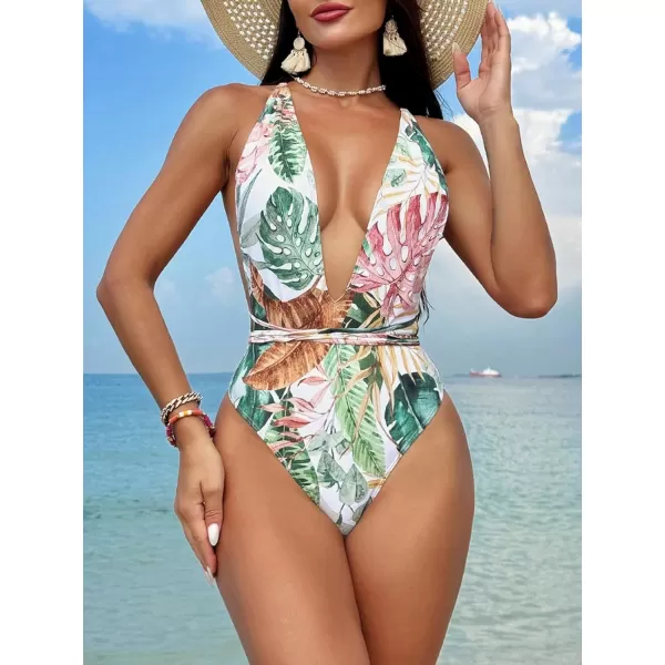 SweatyRocks Women's Sexy Basic Criss Cross Tie Knot Front Deep V Open Back One Piece Swimwear
