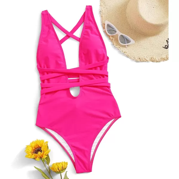 SweatyRocks Women's Sexy Basic Criss Cross Tie Knot Front Deep V Open Back One Piece Swimwear