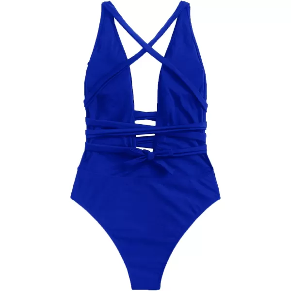 SweatyRocks Women's Sexy Basic Criss Cross Tie Knot Front Deep V Open Back One Piece Swimwear