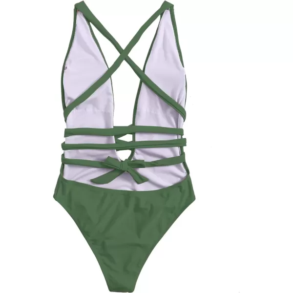 SweatyRocks Women's Sexy Basic Criss Cross Tie Knot Front Deep V Open Back One Piece Swimwear