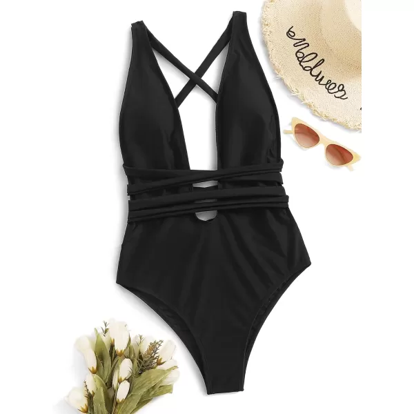 SweatyRocks Women's Sexy Basic Criss Cross Tie Knot Front Deep V Open Back One Piece Swimwear