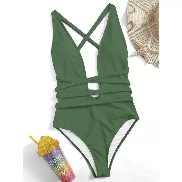 SweatyRocks Women's Sexy Basic Criss Cross Tie Knot Front Deep V Open Back One Piece Swimwear