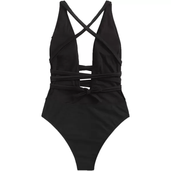 SweatyRocks Women's Sexy Basic Criss Cross Tie Knot Front Deep V Open Back One Piece Swimwear