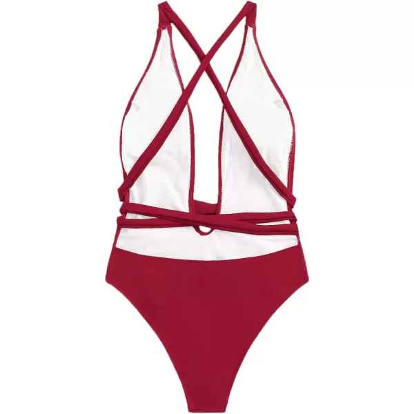 SweatyRocks Women's Sexy Basic Criss Cross Tie Knot Front Deep V Open Back One Piece Swimwear