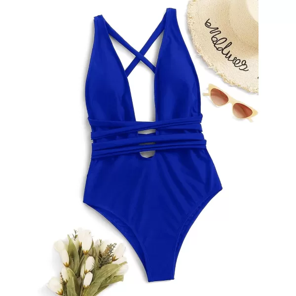 SweatyRocks Women's Sexy Basic Criss Cross Tie Knot Front Deep V Open Back One Piece Swimwear