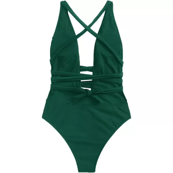 SweatyRocks Women's Sexy Basic Criss Cross Tie Knot Front Deep V Open Back One Piece Swimwear