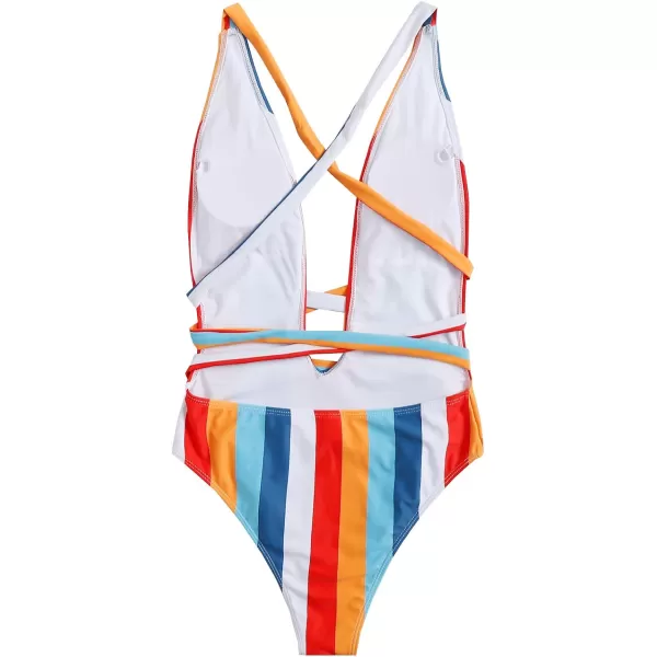 SweatyRocks Women's Sexy Basic Criss Cross Tie Knot Front Deep V Open Back One Piece Swimwear