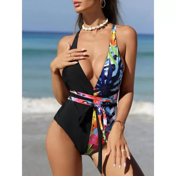 SweatyRocks Women's Sexy Basic Criss Cross Tie Knot Front Deep V Open Back One Piece Swimwear