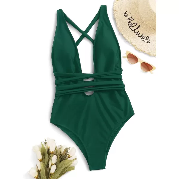 SweatyRocks Women's Sexy Basic Criss Cross Tie Knot Front Deep V Open Back One Piece Swimwear