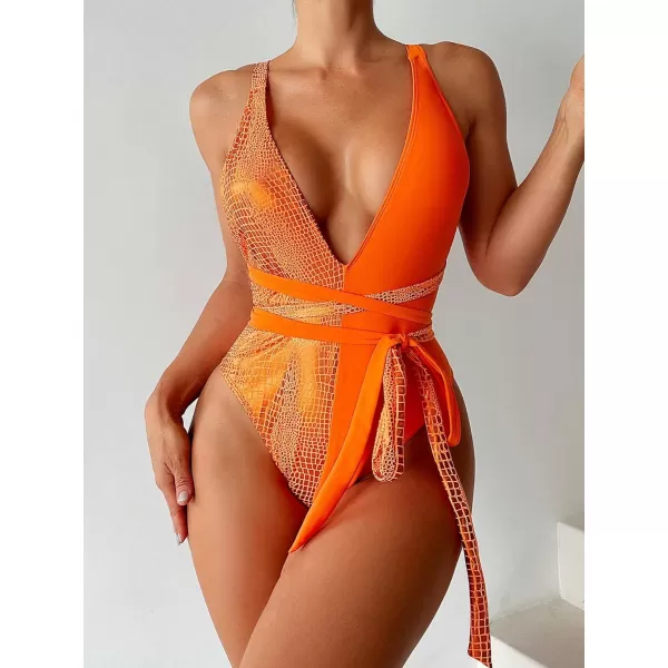 SweatyRocks Women's Sexy Basic Criss Cross Tie Knot Front Deep V Open Back One Piece Swimwear
