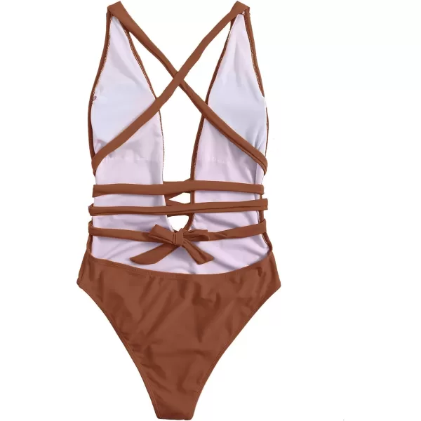 SweatyRocks Women's Sexy Basic Criss Cross Tie Knot Front Deep V Open Back One Piece Swimwear