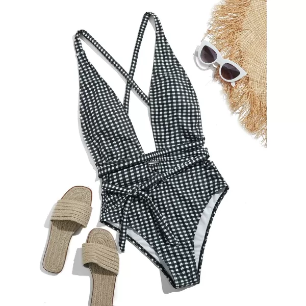 SweatyRocks Women's Sexy Bathing Suits Criss Cross Tie Knot Front Deep V Open Back Leopard One Piece Swimwear