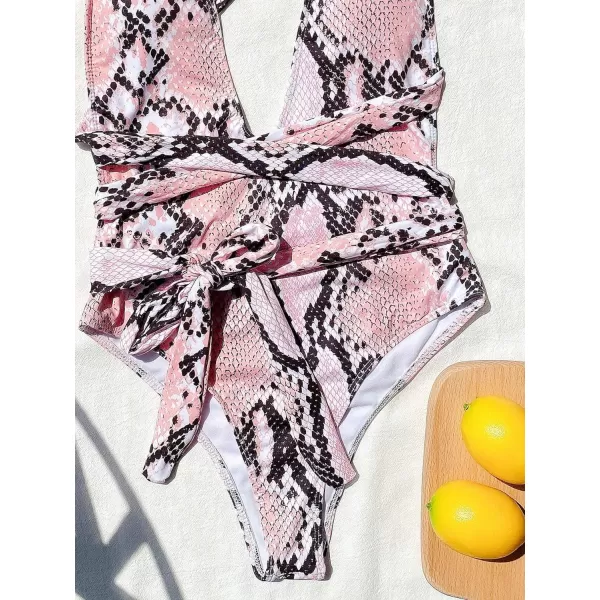 SweatyRocks Women's Sexy Bathing Suits Criss Cross Tie Knot Front Deep V Open Back Leopard One Piece Swimwear