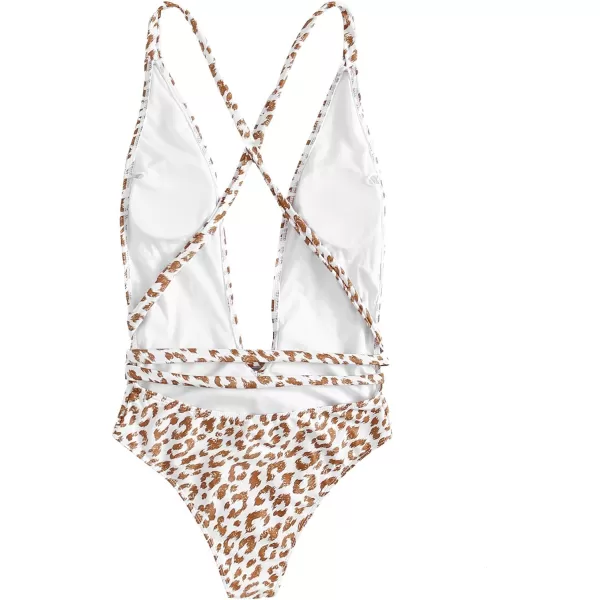 SweatyRocks Women's Sexy Bathing Suits Criss Cross Tie Knot Front Deep V Open Back Leopard One Piece Swimwear