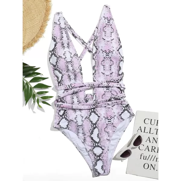 SweatyRocks Women's Sexy Bathing Suits Criss Cross Tie Knot Front Deep V Open Back Leopard One Piece Swimwear