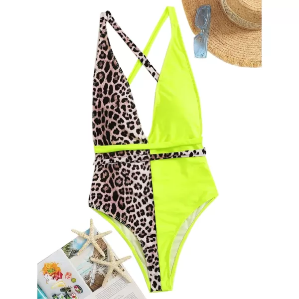 SweatyRocks Women's Sexy Bathing Suits Criss Cross Tie Knot Front Deep V Open Back Leopard One Piece Swimwear