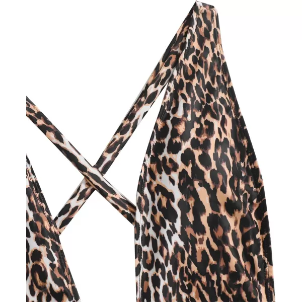 SweatyRocks Women's Sexy Bathing Suits Criss Cross Tie Knot Front Deep V Open Back Leopard One Piece Swimwear
