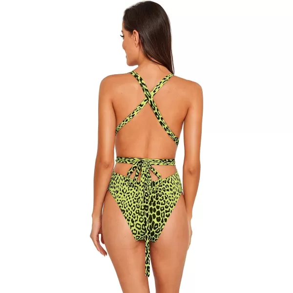 SweatyRocks Women's Sexy Bathing Suits Criss Cross Tie Knot Front Deep V Open Back Leopard One Piece Swimwear