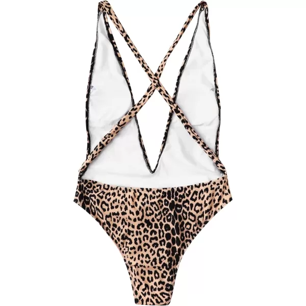 SweatyRocks Women's Sexy Bathing Suits Criss Cross Tie Knot Front Deep V Open Back Leopard One Piece Swimwear