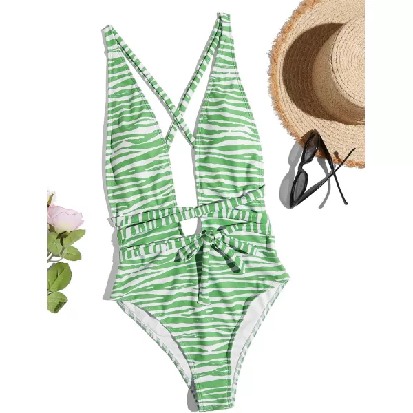 SweatyRocks Women's Sexy Bathing Suits Criss Cross Tie Knot Front Deep V Open Back Leopard One Piece Swimwear