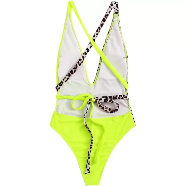 SweatyRocks Women's Sexy Bathing Suits Criss Cross Tie Knot Front Deep V Open Back Leopard One Piece Swimwear