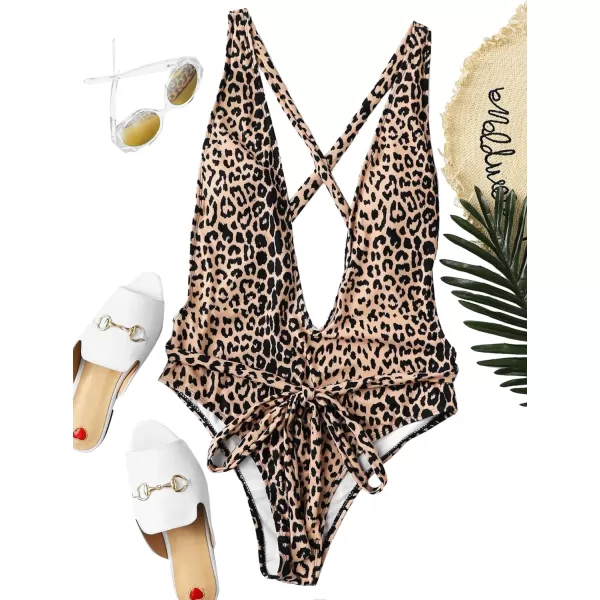 SweatyRocks Women's Sexy Bathing Suits Criss Cross Tie Knot Front Deep V Open Back Leopard One Piece Swimwear