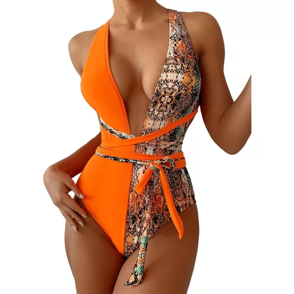 SweatyRocks Women's Sexy Bathing Suits Criss Cross Tie Knot Front Deep V Open Back Leopard One Piece Swimwear